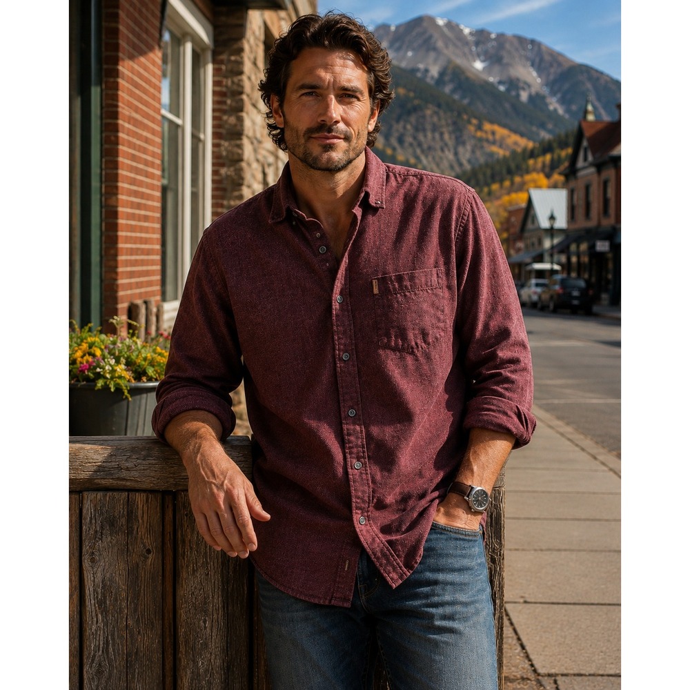Chaps Performance Mens Flannel Shirt Large Burgundy Cotton Long Sleeve Button Up